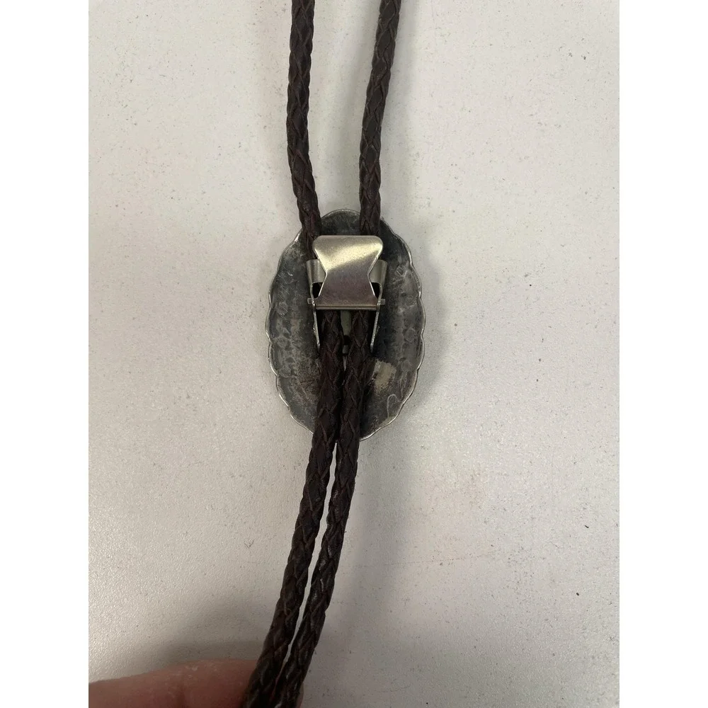 Southwestern Oval Bolo Tie Silver Tone Brown Leather Adjustable 19.5in Men